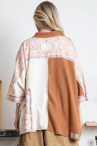 BlueVelvet Oversized Mixed Fabric Top in Mocha-Beige