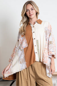 BlueVelvet Oversized Mixed Fabric Top in Mocha-Beige