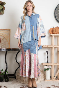 BlueVelvet Oversized Mixed Fabric Top in Denim-Blue