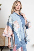 BlueVelvet Oversized Mixed Fabric Top in Denim-Blue