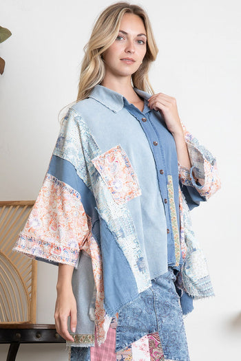 BlueVelvet Oversized Mixed Fabric Top in Denim-Blue