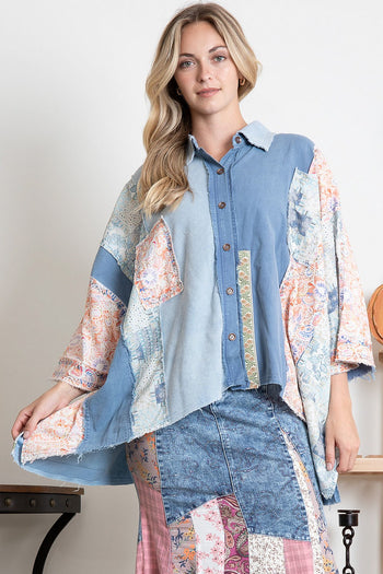 BlueVelvet Oversized Mixed Fabric Top in Denim-Blue