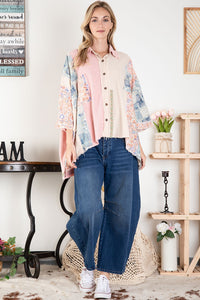 BlueVelvet Oversized Mixed Fabric Top in Pink-Beige