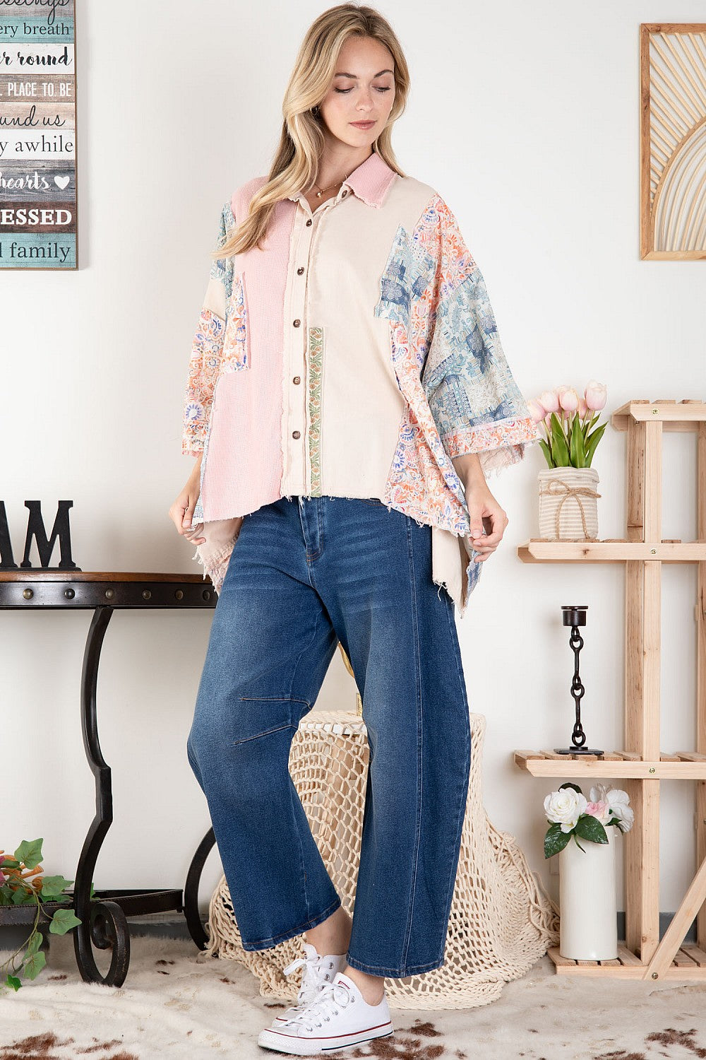 BlueVelvet Oversized Mixed Fabric Top in Pink-Beige