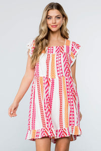 Pattern Knit Dress in White and Pink Mix  THML   