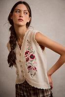 So Me Embroidered V-neck Sweater Vest in Beige