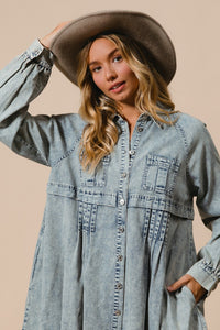 BiBi Denim Mineral Washed Button Down Dress in Light Denim