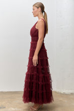 Load image into Gallery viewer, Polagram Sleeveless Tiered Tulle Ruffle Maxi Dress in Wine
