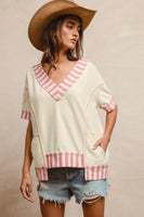 BiBi Solid Color French Terry Top with Contrasting Stripe Pattern in Ivory/Pink