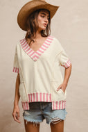 BiBi Solid Color French Terry Top with Contrasting Stripe Pattern in Ivory/Pink