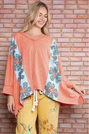 BlueVelvet Color Block Panel Top with Flower Patches in Coral FINAL SALE