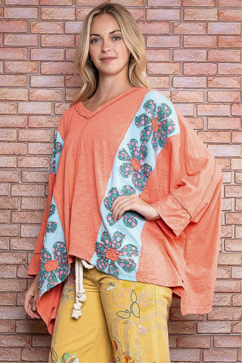 BlueVelvet Color Block Panel Top with Flower Patches in Coral FINAL SALE