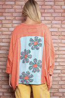 BlueVelvet Color Block Panel Top with Flower Patches in Coral FINAL SALE
