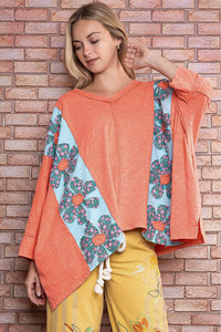 BlueVelvet Color Block Panel Top with Flower Patches in Coral