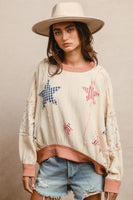 BiBi Solid Color and Floral Print Crinkle Gauze Top with Contrasting Gingham Star Patches in Oatmeal