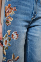Blue B Wide Leg Denim Jeans With Floral Embroidery Down Sides in Medium Wash ON ORDER