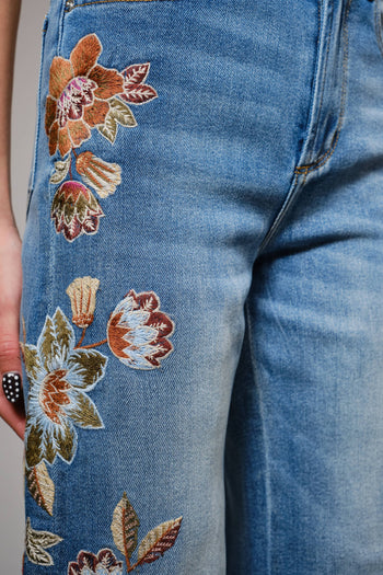 Blue B Wide Leg Denim Jeans With Floral Embroidery Down Sides in Medium Wash ON ORDER
