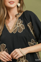 Umgee Floral Embroidered V-Neck Relaxed Top in Black