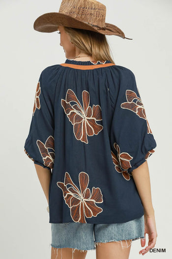 Umgee Floral Embroidered V-Neck Relaxed Top in Denim