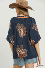 Load image into Gallery viewer, Umgee Floral Embroidered V-Neck Relaxed Top in Denim

