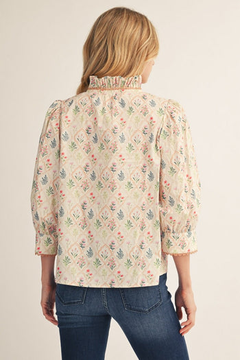 Jodifl Pleated Ruffled Neck Button Down Floral Top in Cream