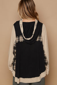 POL OVERSIZED Cotton and Plaid Hooded Top in Black