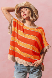So Me Open Knit Multi Color Striped Top in Coral/Orange