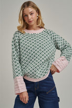Load image into Gallery viewer, BON Soft Jacquard Geometric Sweater in Green/Blush
