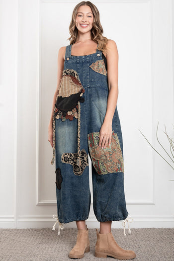 BlueVelvet Denim Capri Overalls with Mixed Patches in Denim ON ORDER