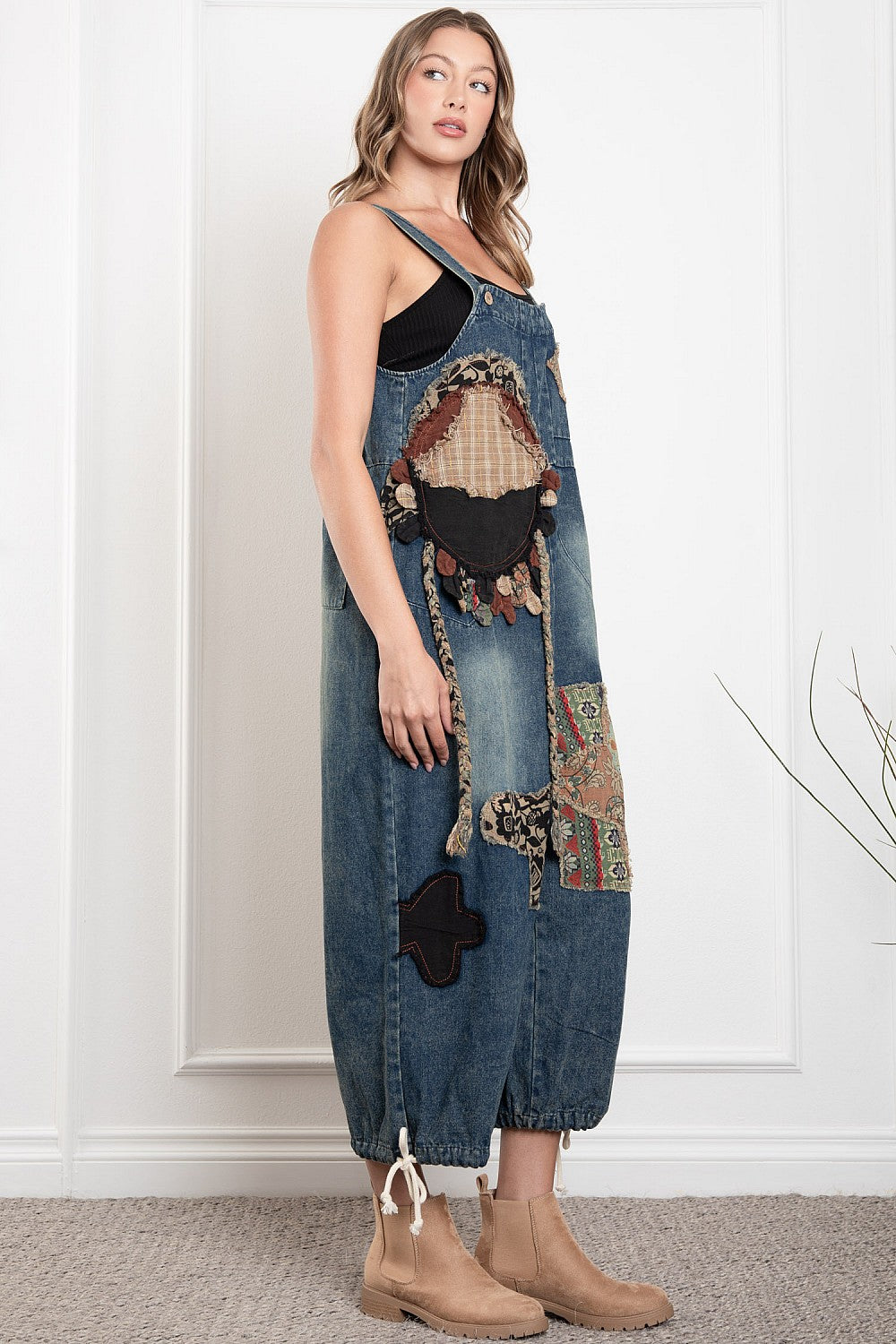 BlueVelvet Denim Capri Overalls with Mixed Patches in Denim ON
