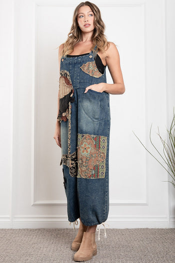 BlueVelvet Denim Capri Overalls with Mixed Patches in Denim ON ORDER