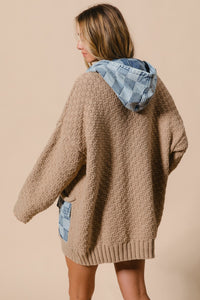 BiBi Cable Knit and Checkered Denim Zip Up Cardigan in Latte/Denim