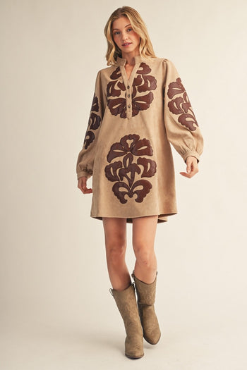Jodifl Embroidered Faux Leather Applique Dress in Taupe