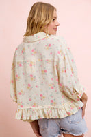 BiBi Floral Crinkle Quarter Sleeve Ruffle Hem Top in Floral
