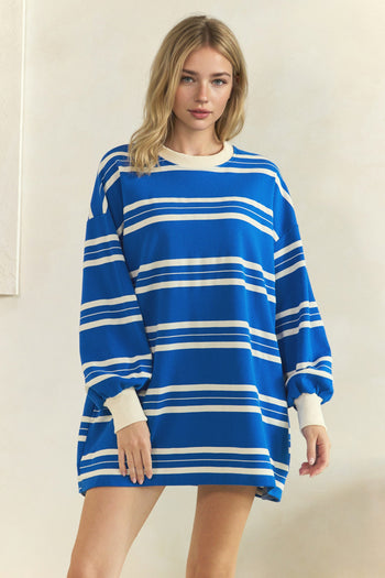 Veveret Coastal Breeze Stripe Sweatshirt Dress in Blue Combo