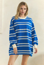 Load image into Gallery viewer, Veveret Coastal Breeze Stripe Sweatshirt Dress in Blue Combo
