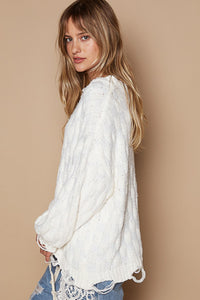 POL Solid Color Sweater with Weaved Fabric Details in Cream