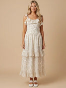 J.nna Floral Print Ruffle Detailed Maxi Dress in Taupe