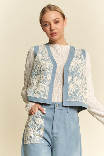 Davi & Dani Casual Textured Lace and Denim Vest in Light Denim Blue