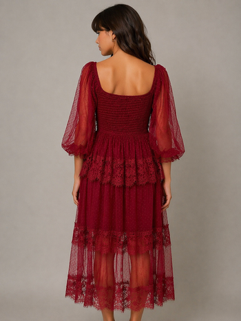 Listicle Mesh Lace Sweetheart Midi Dress in Oxblood
