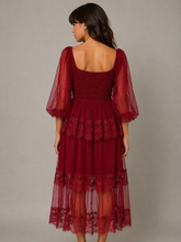 Load image into Gallery viewer, Listicle Mesh Lace Sweetheart Midi Dress in Oxblood
