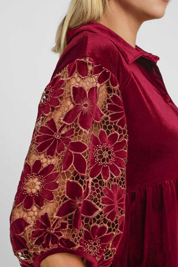 Umgee Velvet Lace Sleeve Tunic Top in Wine