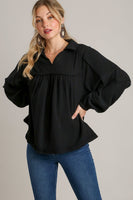 Umgee Cotton Gauze Collared V-Neck Top with Frays in Black