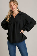 Load image into Gallery viewer, Umgee Cotton Gauze Collared V-Neck Top with Frays in Black
