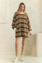 Load image into Gallery viewer, Veveret Coastal Breeze Stripe Sweatshirt Dress in Mocha Combo
