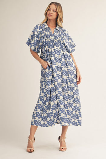 Puff Sleeves Boho Floral Midi Dress Denim / S