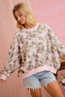 BiBi OVERSIZED Camouflage Printed Terry Cut Edge Detailed Sweatshirt in Blush/Light Olive