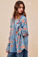 BiBi Floral Print Waffle Thermal Knit Shacket in Floral Denim