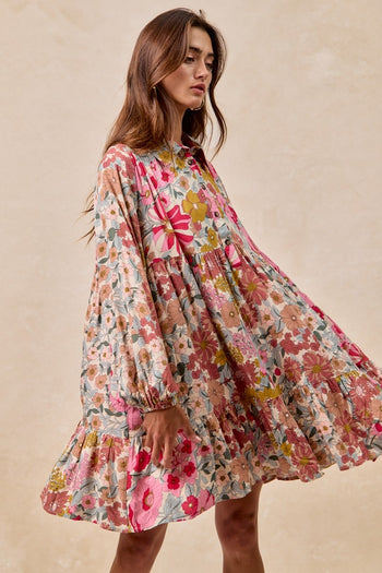 BiBi Floral Print Button Front Mini Dress in Rose Mix