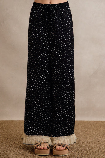 So Me Polka Dot Wide-Leg Pants With Lace Hem in Black